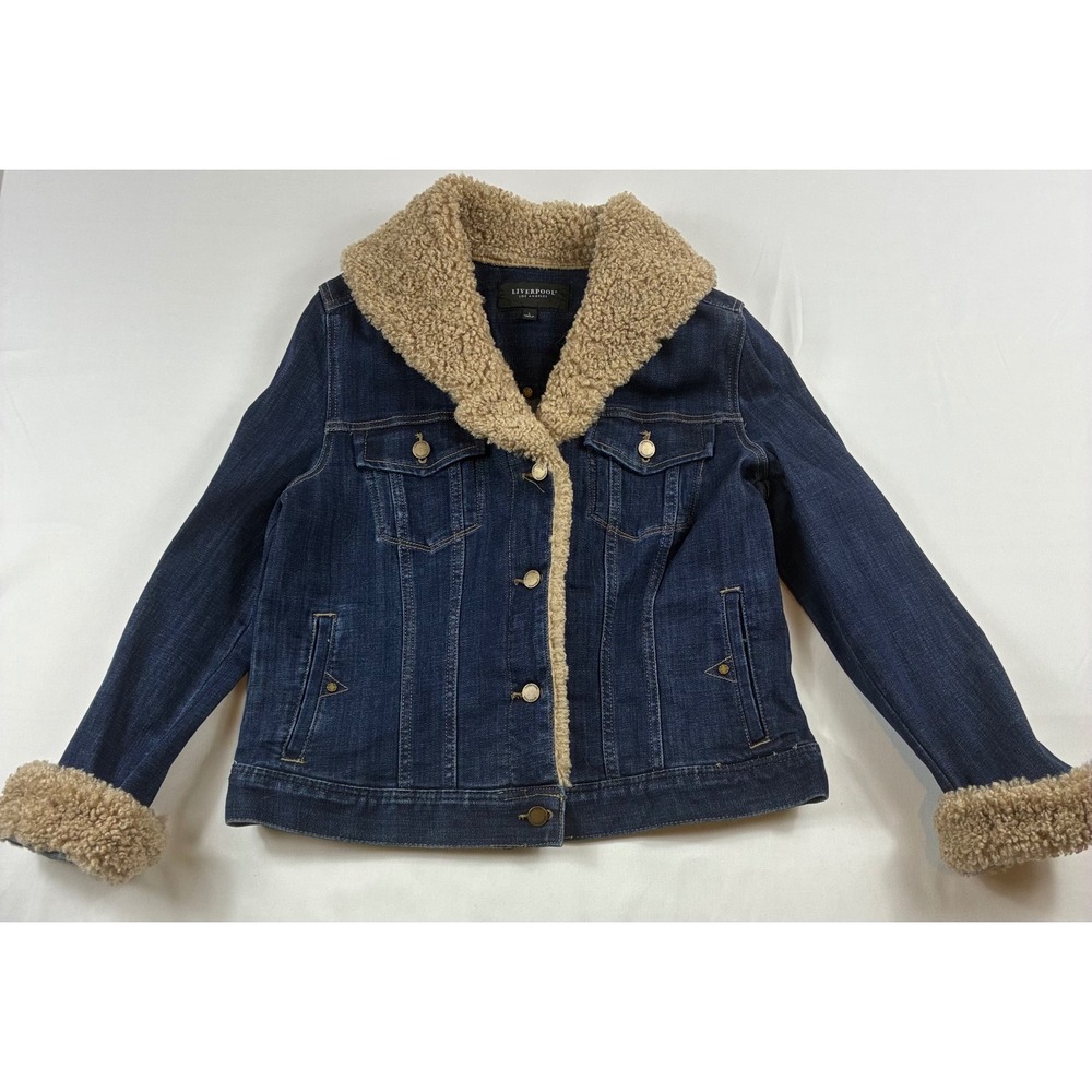 Liverpool Denim Jacket Women L Blue Faux Shearling Trim Trucker Coat Pre-owned